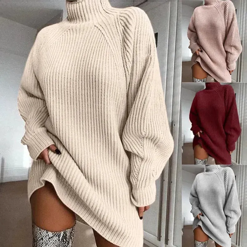 Winter Solid Mini Jumper Dress Turtleneck Sweater Dress