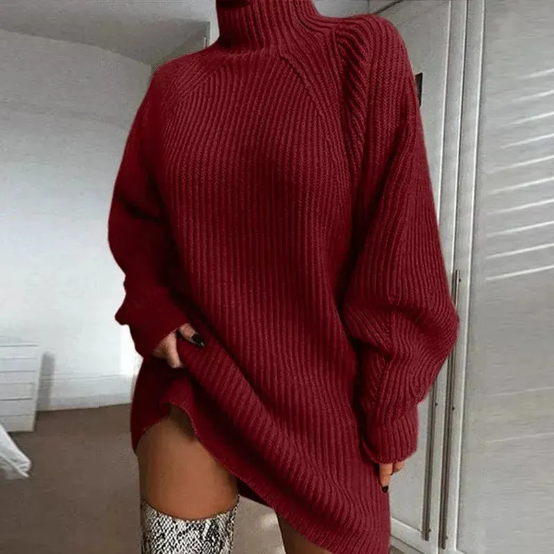 Winter Solid Mini Jumper Dress Turtleneck Sweater Dress