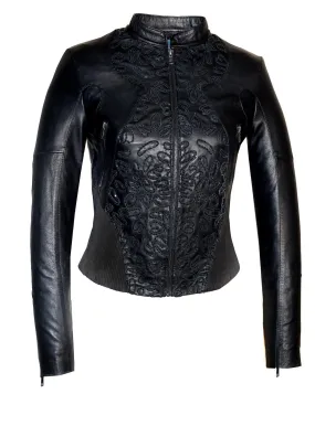 Women Abstract Beads Hand Embroidered Leather Jacket