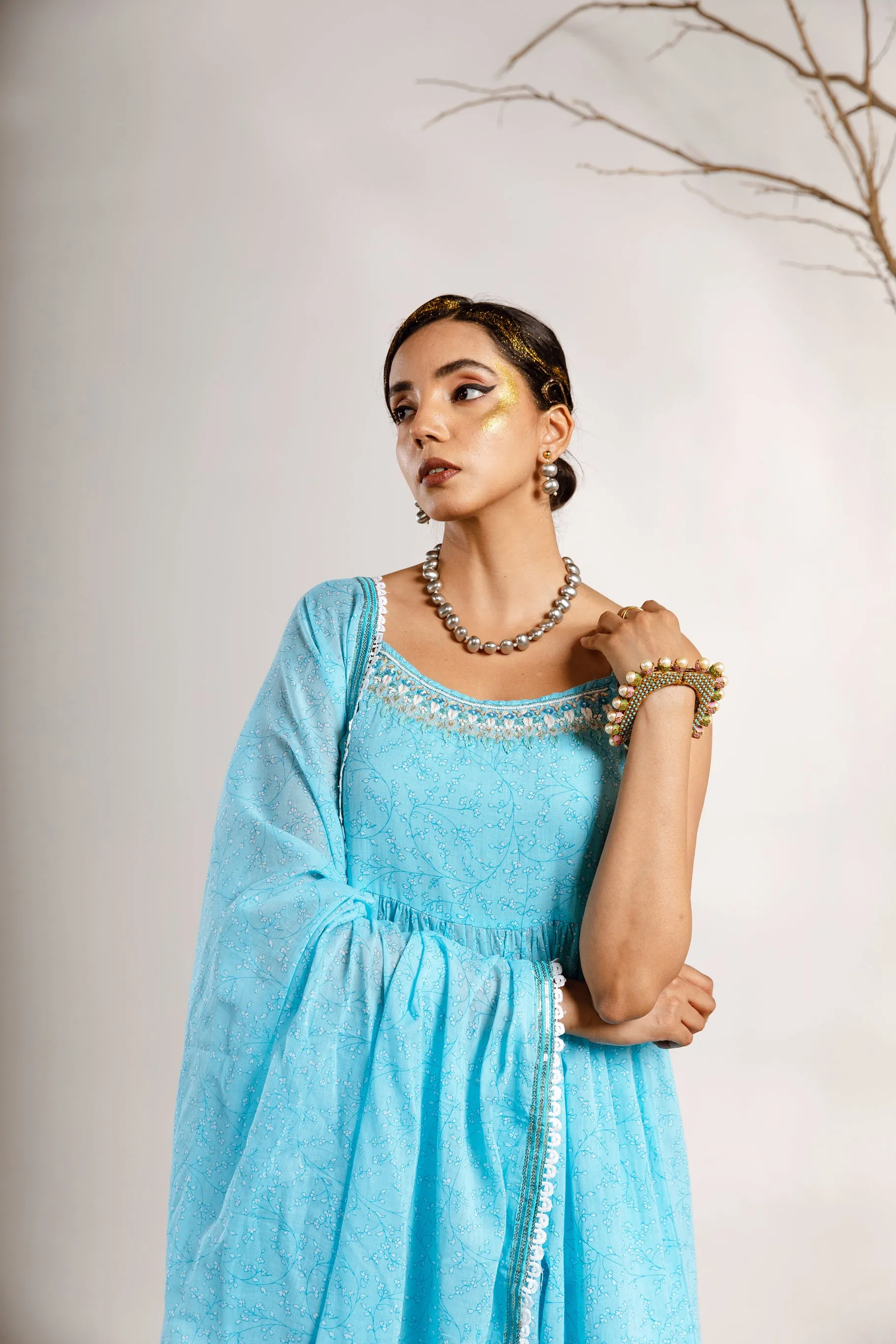 Womens Cotton Sky Blue A-line Kurta Sharara and Dupatta With Fancy Potli Set