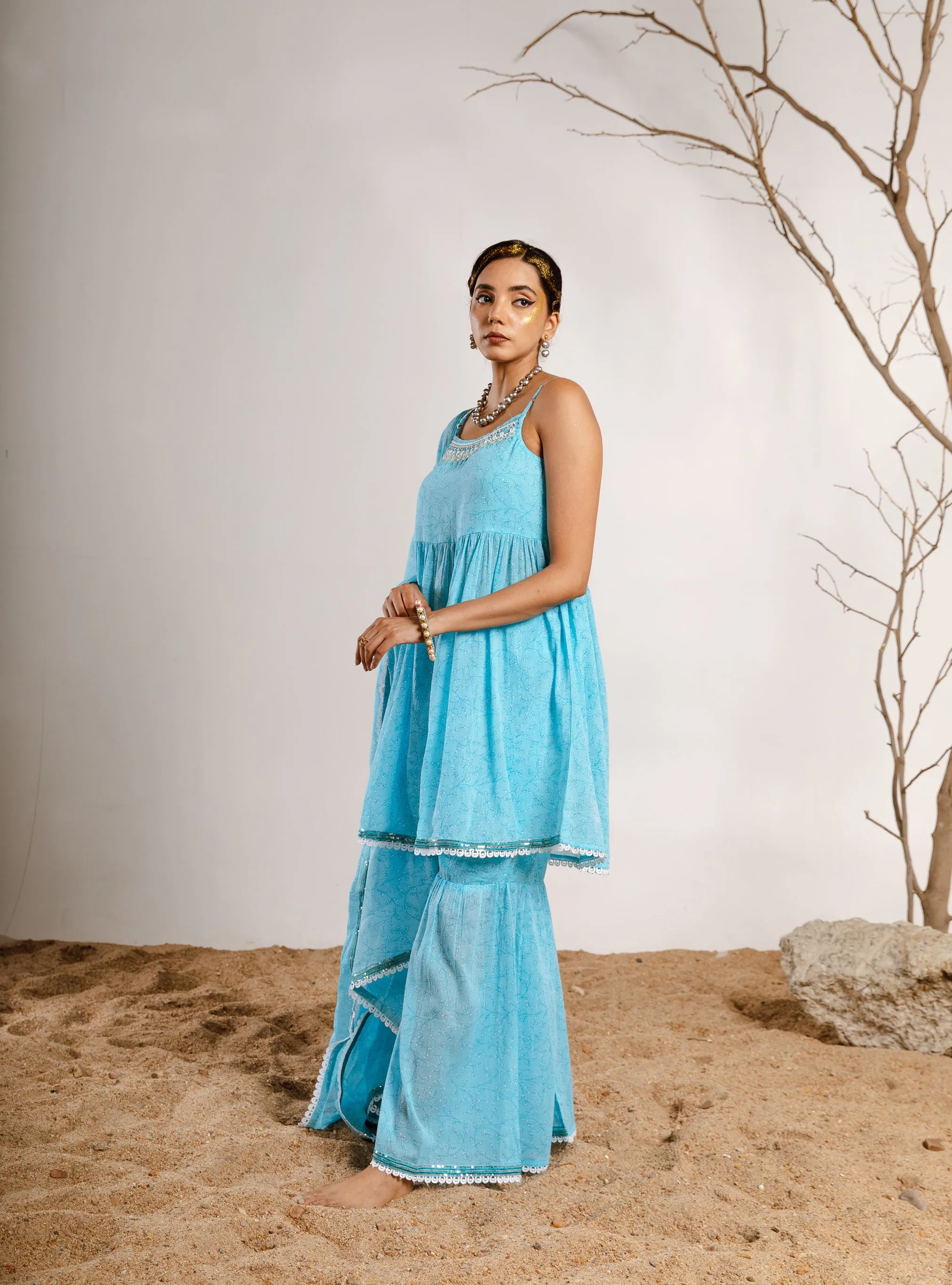 Womens Cotton Sky Blue A-line Kurta Sharara and Dupatta With Fancy Potli Set