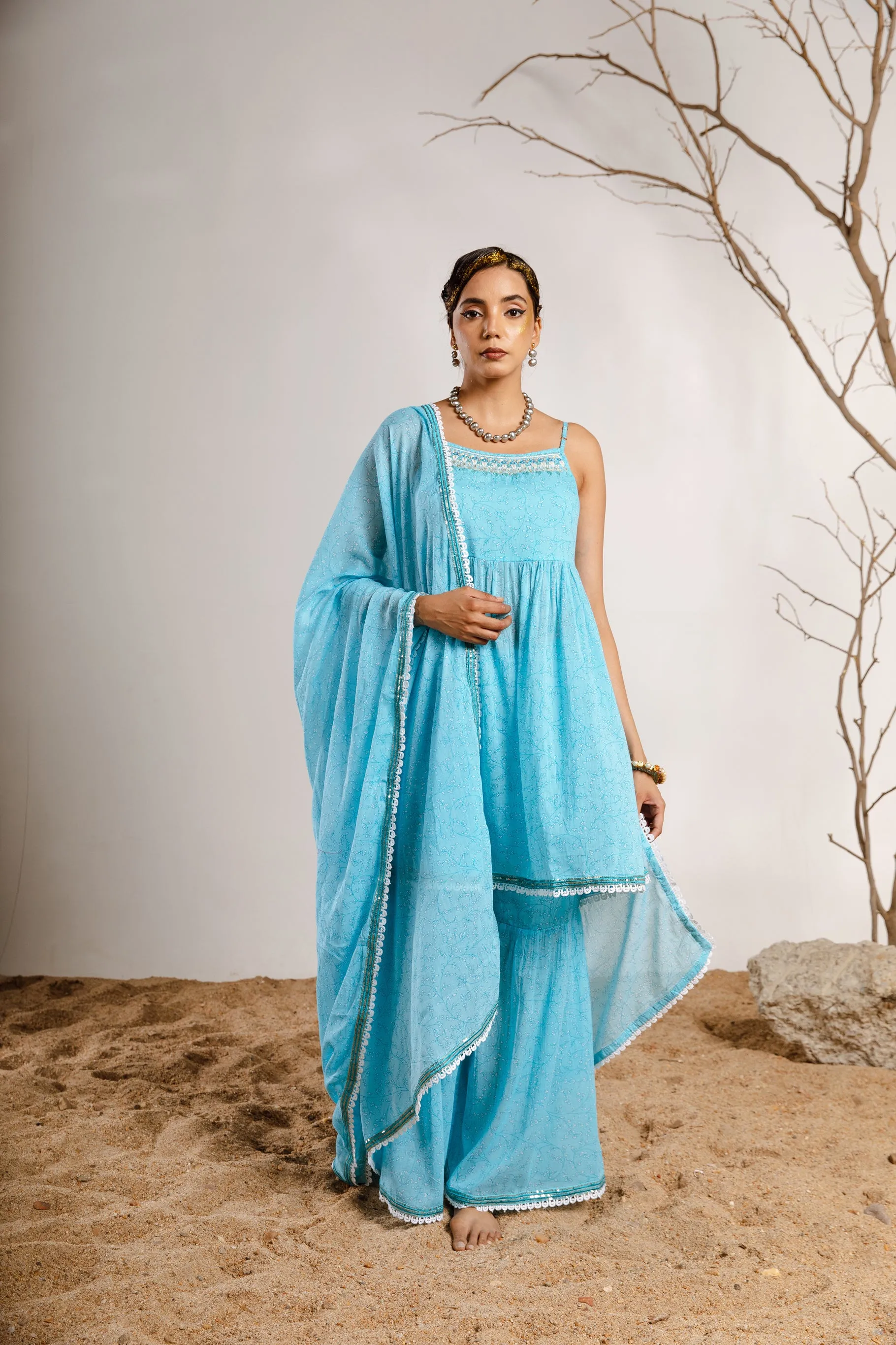 Womens Cotton Sky Blue A-line Kurta Sharara and Dupatta With Fancy Potli Set