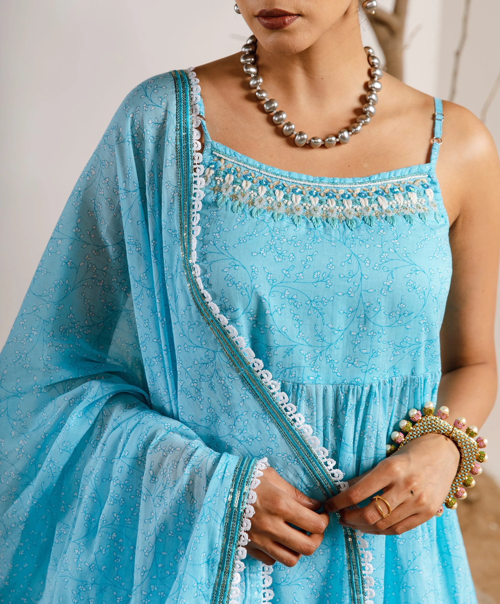Womens Cotton Sky Blue A-line Kurta Sharara and Dupatta With Fancy Potli Set