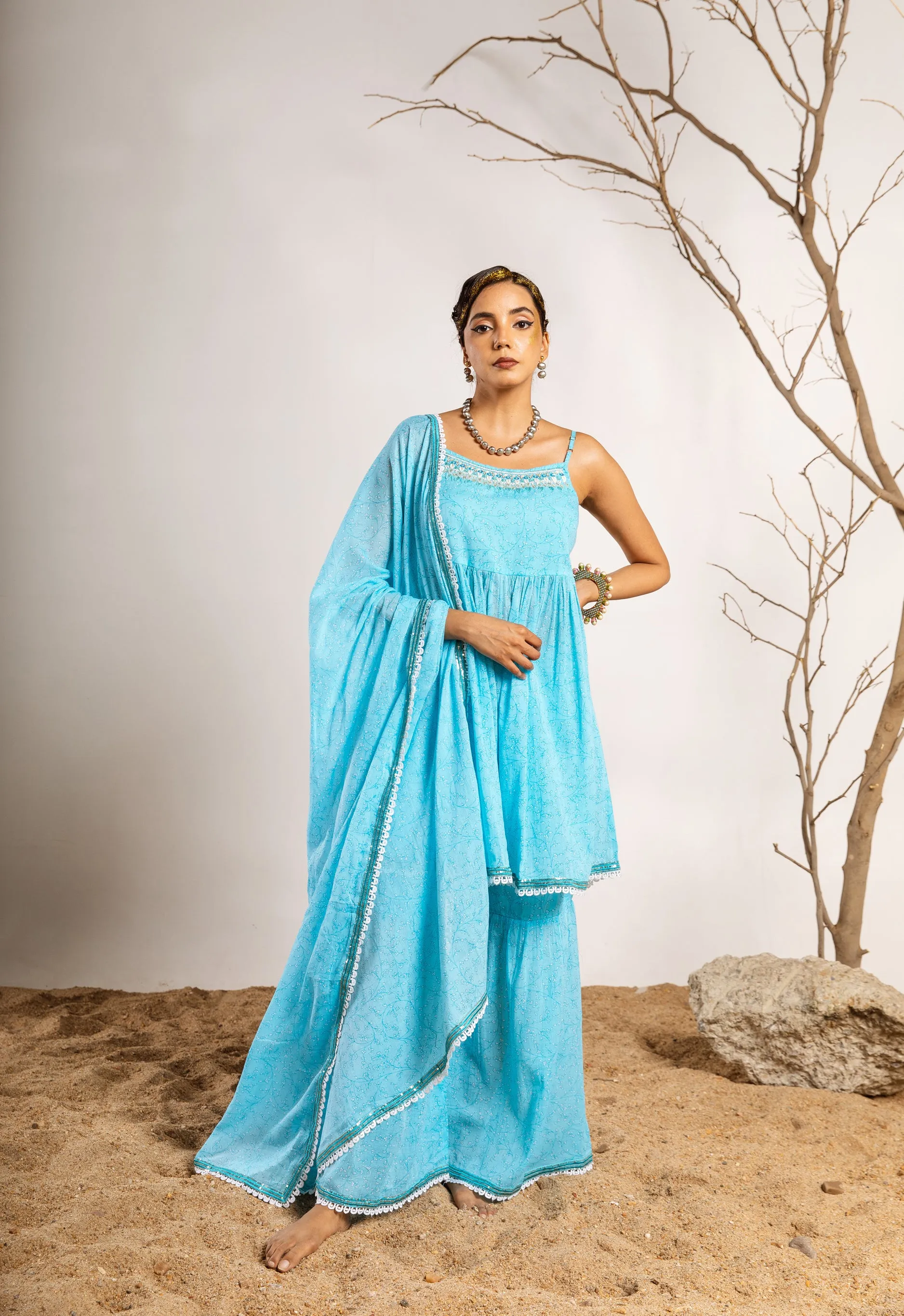 Womens Cotton Sky Blue A-line Kurta Sharara and Dupatta With Fancy Potli Set