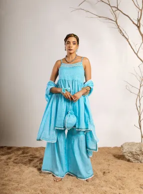 Womens Cotton Sky Blue A-line Kurta Sharara and Dupatta With Fancy Potli Set