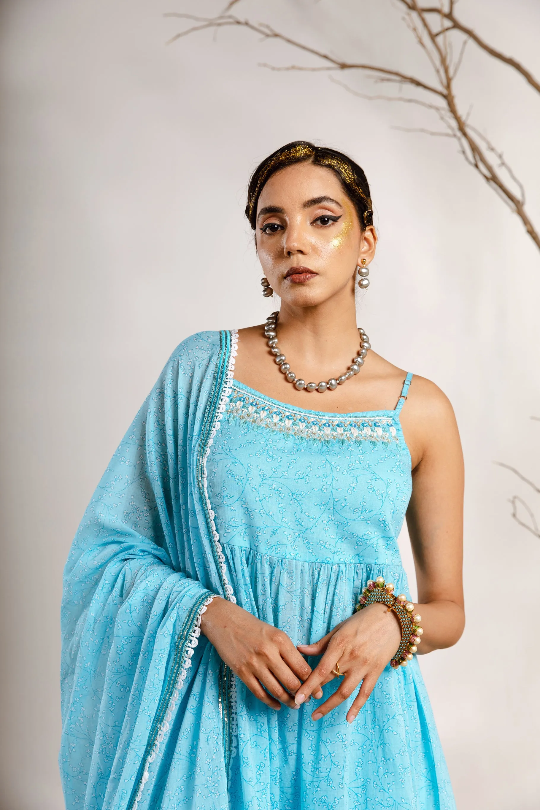 Womens Cotton Sky Blue A-line Kurta Sharara and Dupatta With Fancy Potli Set