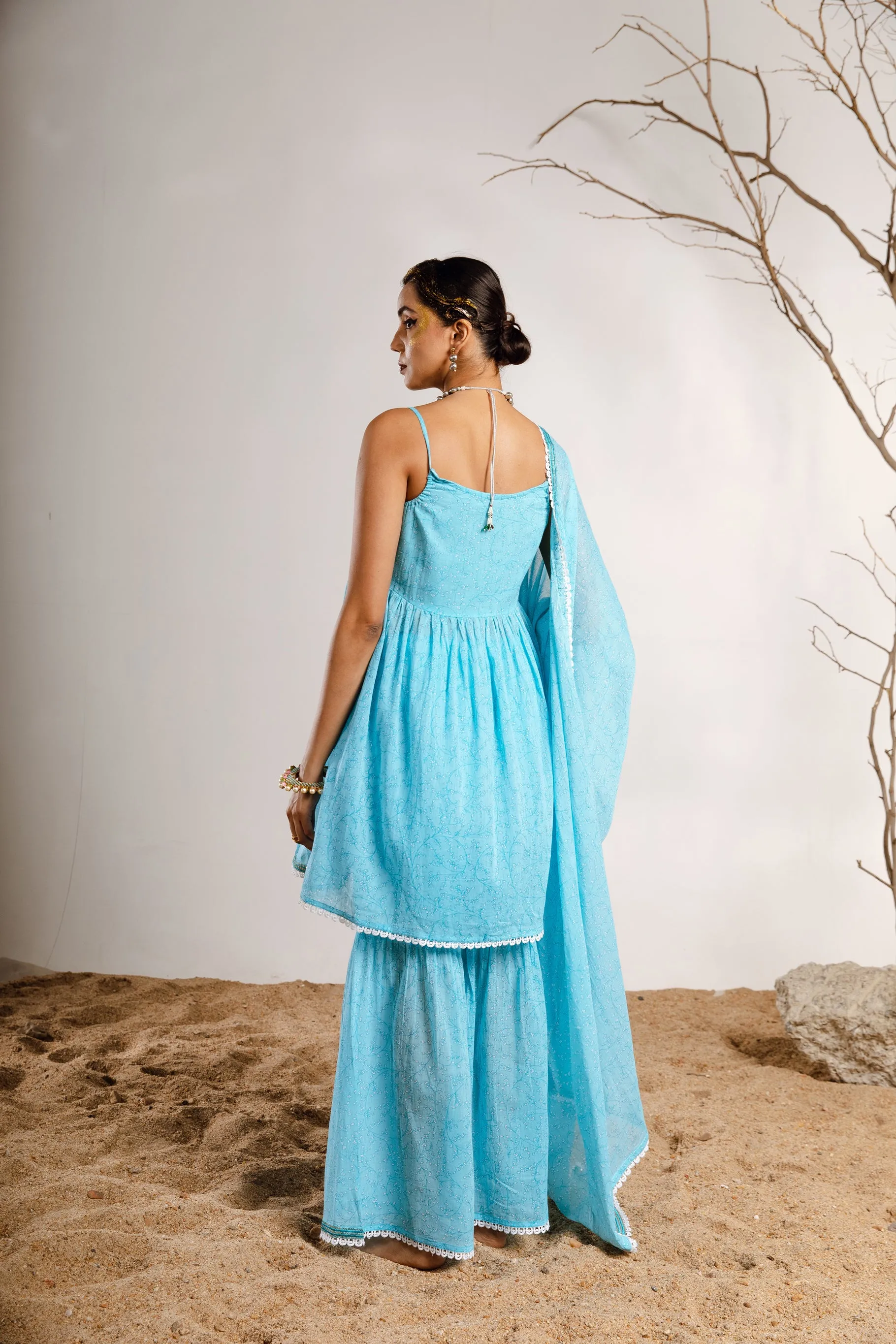 Womens Cotton Sky Blue A-line Kurta Sharara and Dupatta With Fancy Potli Set