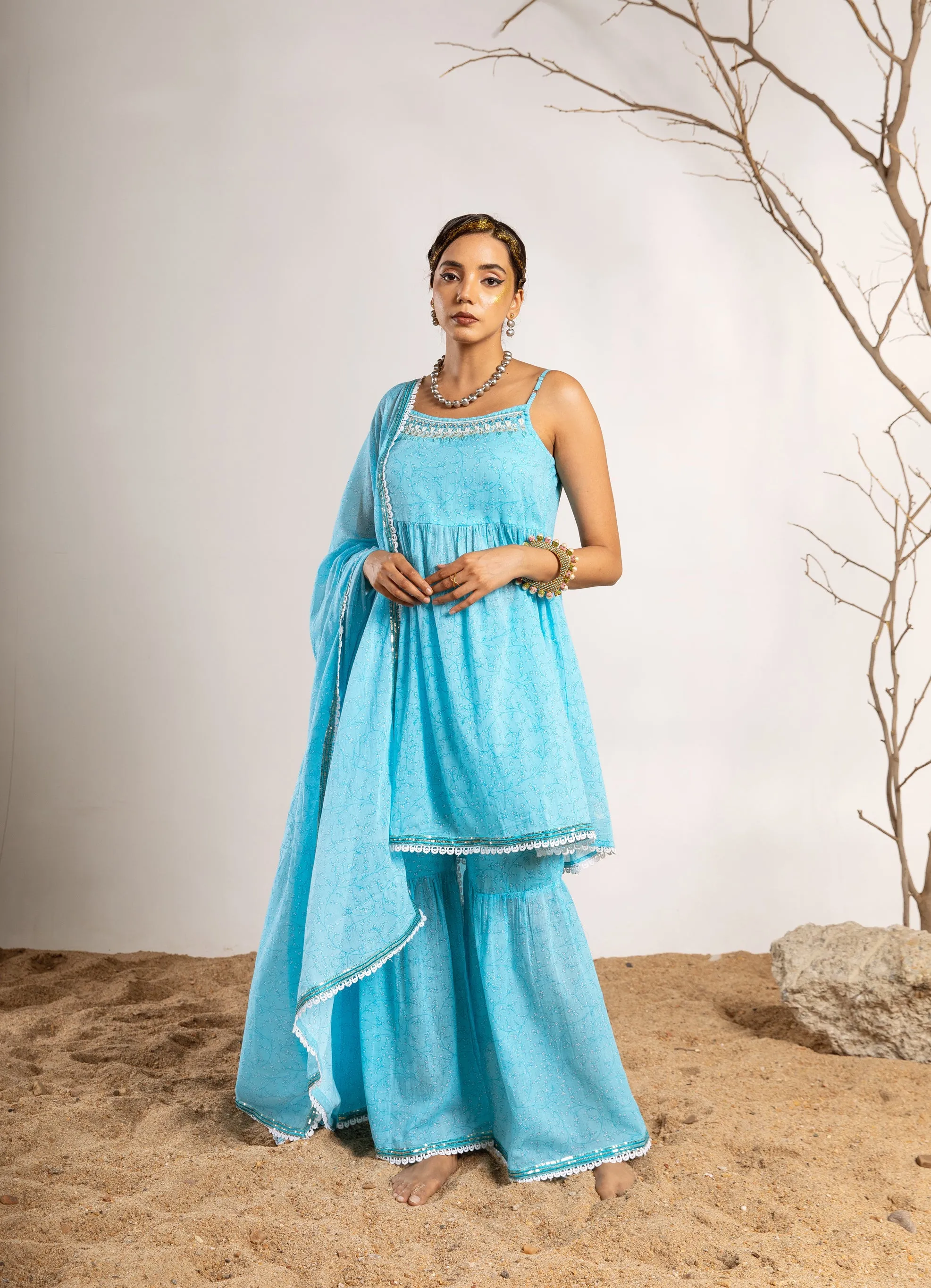 Womens Cotton Sky Blue A-line Kurta Sharara and Dupatta With Fancy Potli Set