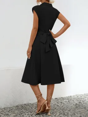 Women's Midi Shirt Dress Solid Collar V Neck Button Down High Waist Sleeveless HWE2XCBNTN