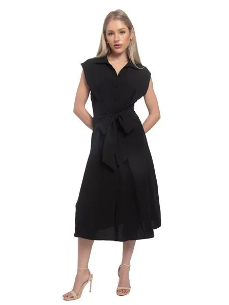 Women's Midi Shirt Dress Solid Collar V Neck Button Down High Waist Sleeveless HWE2XCBNTN