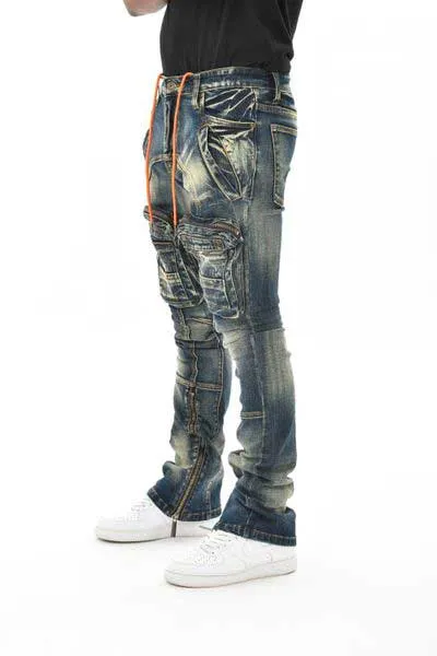 Zip cargo denim pants / flared fit