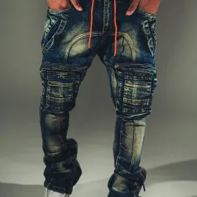 Zip cargo denim pants / flared fit